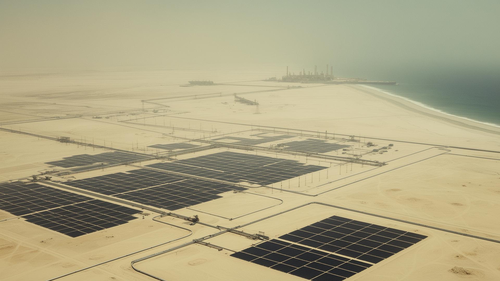 Distant aerial view of a desert solar field with pipelines and a far-off energy terminal on the coast.