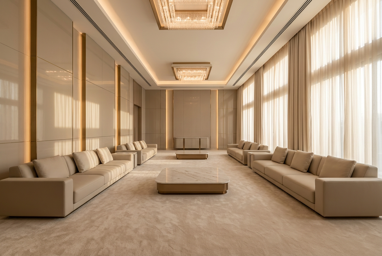 Empty Majlis-inspired interior with low seating along warm plaster walls and raking afternoon light.