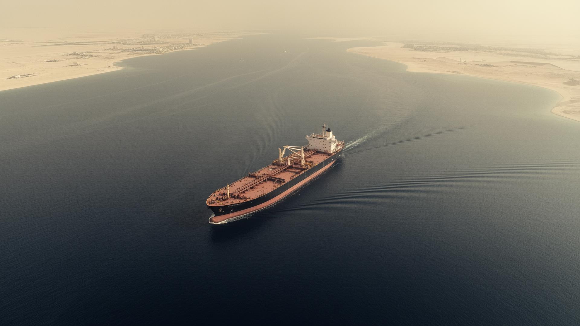 Aerial view of an oil tanker crossing a Gulf maritime corridor.