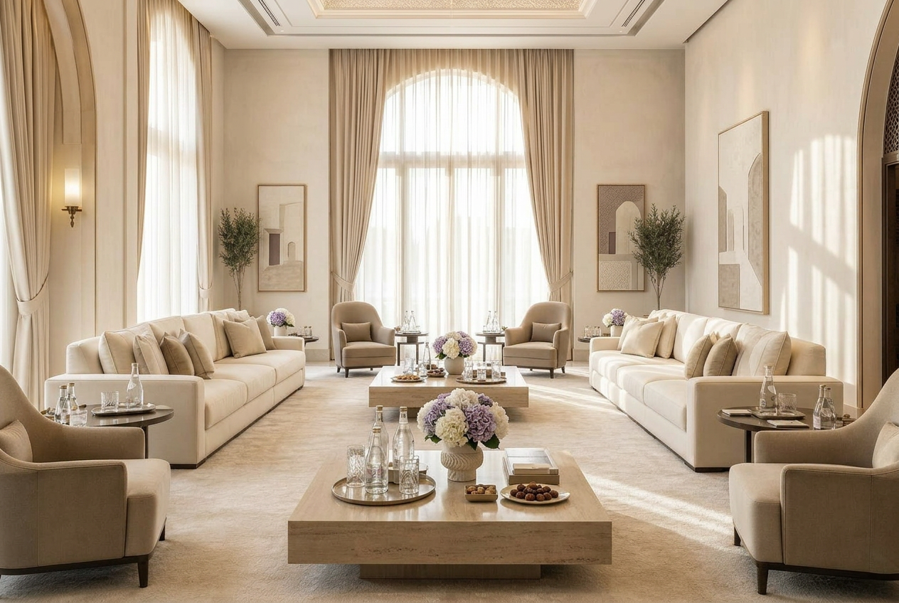 Quiet Majlis-inspired room with low seating and warm afternoon light.