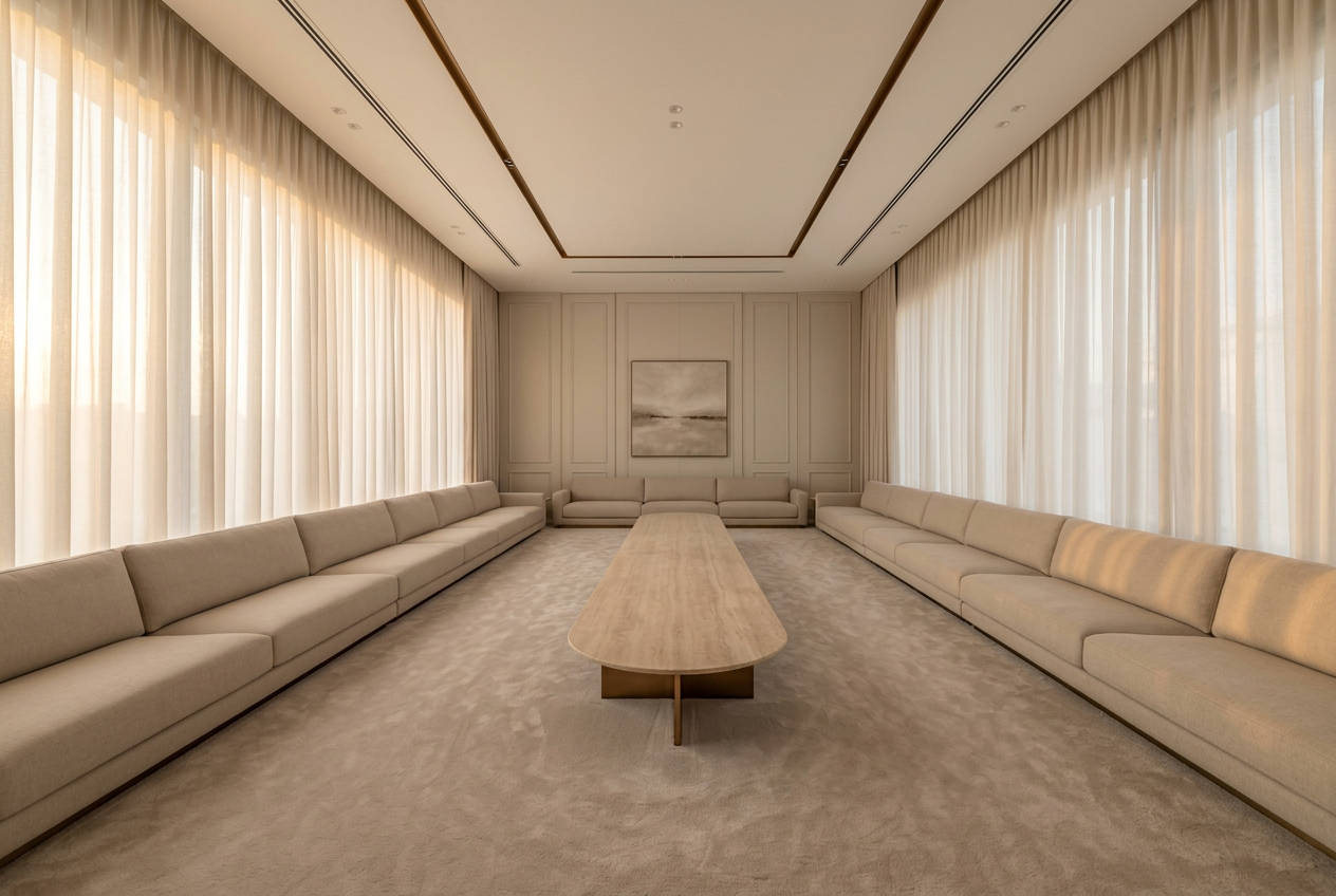 Empty Majlis-inspired meeting room with low seating around a long table.