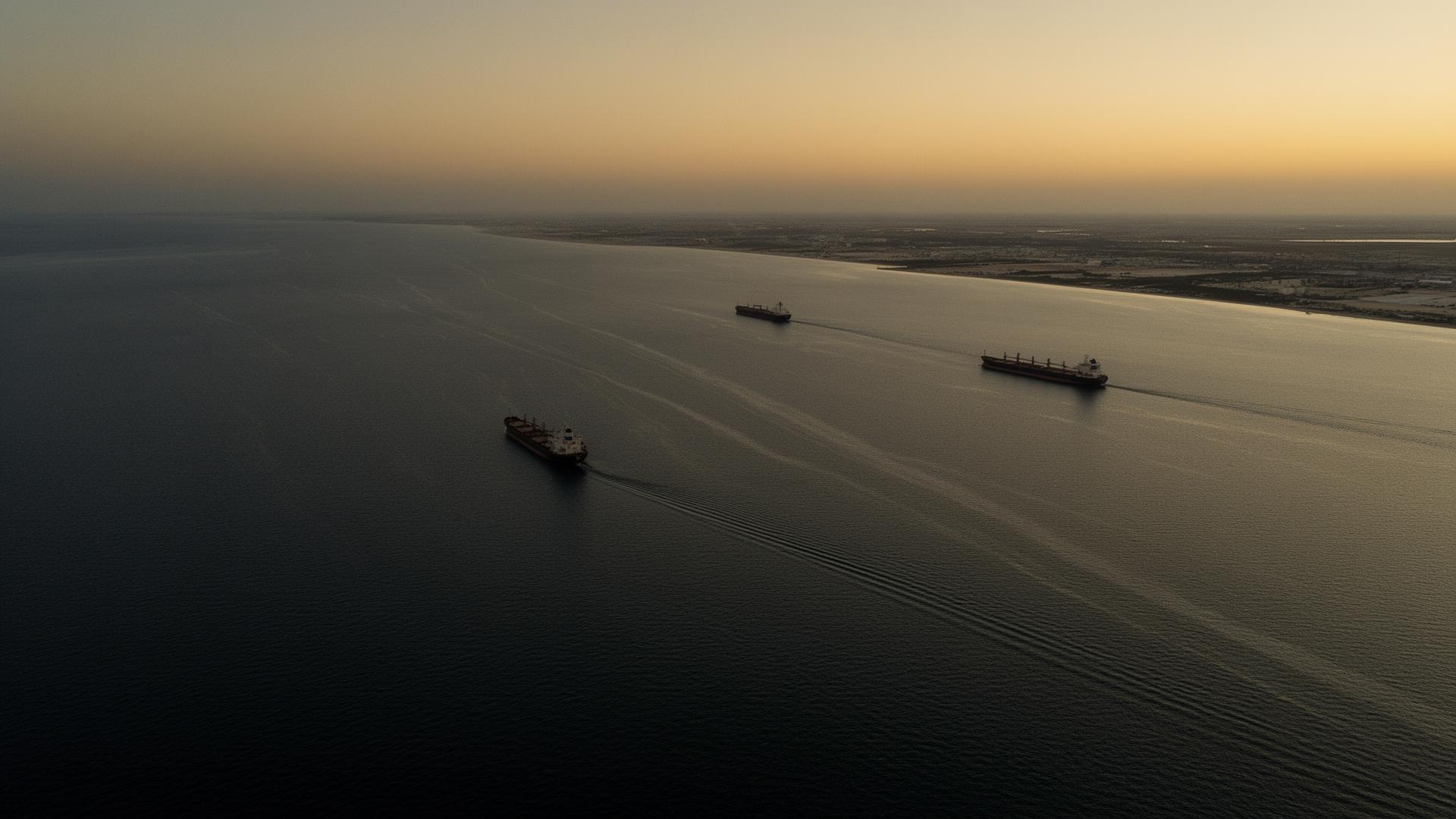 Satellite-style view of the wider Gulf region with maritime route lines and signal nodes marking ports and energy terminals.